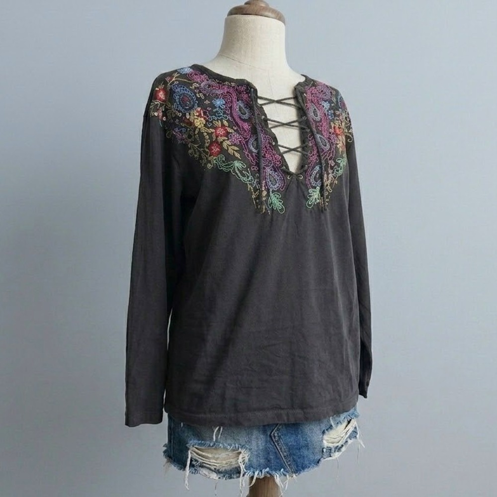 Black Embroidered Lace Up Boho Peasant Blouse Top Medium Summer Spring Indie